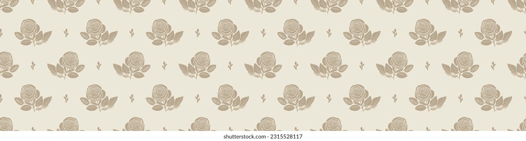 Quirky floral lino cut motif vector border. Seamless decoration of whimsical foliate design for scandi banner. 