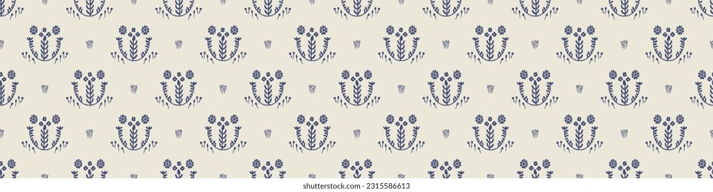 Quirky floral lino cut motif vector border. Seamless decoration of whimsical foliate design for modern banner.
