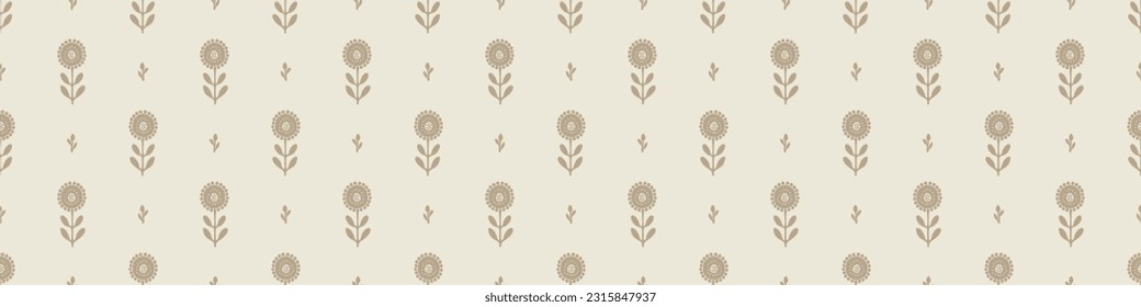 Quirky floral lino cut motif vector border. Seamless decoration of whimsical foliate design for scandi banner. 