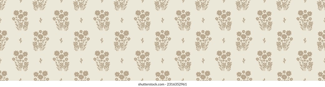 Quirky floral lino cut motif vector border. Seamless decoration of whimsical foliate design for scandi banner. 