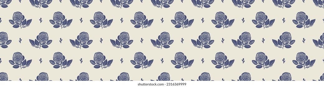 Quirky floral lino cut motif vector border. Seamless decoration of whimsical foliate design for modern banner.
