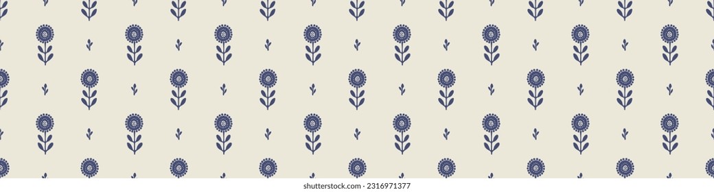 Quirky floral lino cut motif vector border. Seamless decoration of whimsical foliate design for modern banner.
