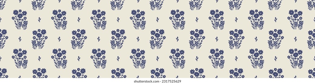 Quirky floral lino cut motif vector border. Seamless decoration of whimsical foliate design for modern banner.