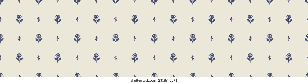 Quirky floral lino cut motif vector border. Seamless decoration of whimsical foliate design for modern banner.