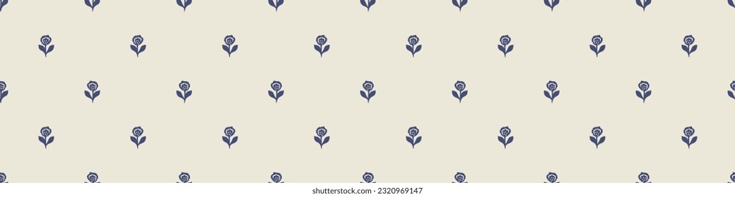 Quirky floral lino cut motif vector border. Seamless decoration of whimsical foliate design for modern banner.