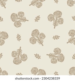 Quirky floral rose lino cut motif vector pattern. Seamless decoration of whimsical foliate design for scandi background. 