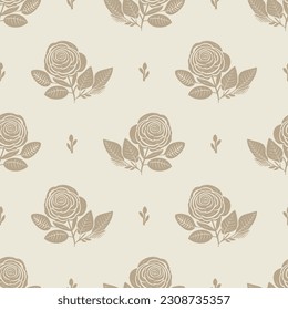 Quirky floral rose lino cut motif vector pattern. Seamless decoration of whimsical foliate design for scandi background. 