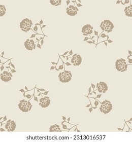 Quirky floral rose lino cut motif vector pattern. Seamless decoration of whimsical foliate design for scandi background. 