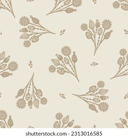 Quirky floral rose lino cut motif vector pattern. Seamless decoration of whimsical foliate design for scandi background. 
