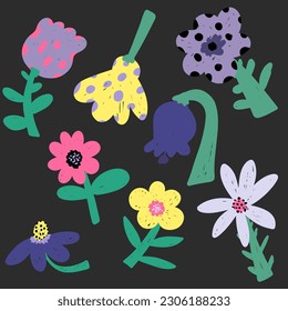 Quirky flowers set on black background