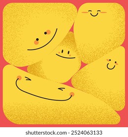 Quirky fluid illustration various yellow smiling faces. Happy playful expressions