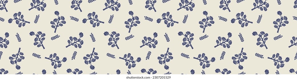 Quirky forest tree blue motif vector border. Seamless decoration of whimsical woodland botanical design for scandi ribbon. 