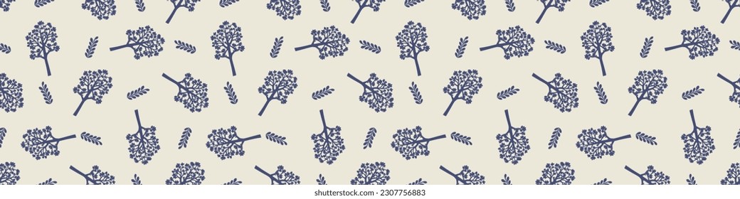 Quirky forest tree blue motif vector border. Seamless decoration of whimsical woodland botanical design for scandi ribbon. 