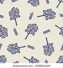 Quirky forest tree blue motif vector pattern. Seamless decoration of whimsical woodland botanical design for scandi background. 