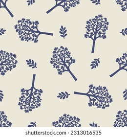 Quirky forest tree blue motif vector pattern. Seamless decoration of whimsical woodland botanical design for scandi background. 