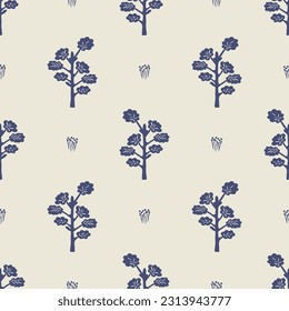 Quirky forest tree blue motif vector pattern. Seamless decoration of whimsical woodland botanical design for scandi background. 