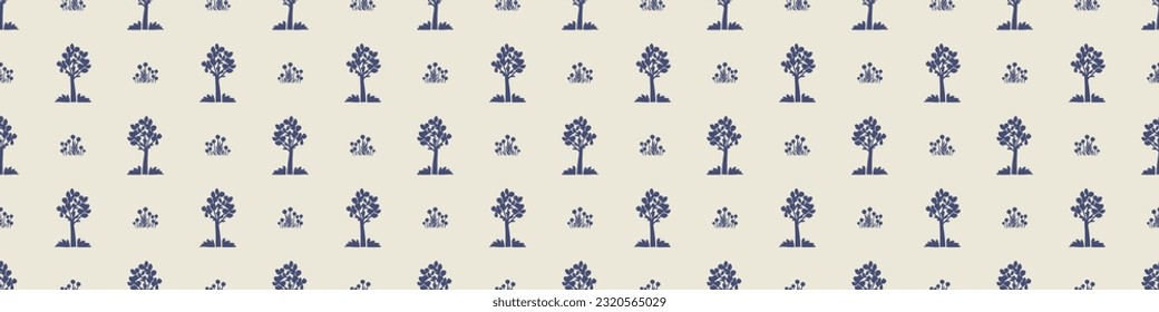 Quirky Wald Baum blauen Motiv Vektorgrenze. Nahtlose Dekoration der skandinavischen Holzlandschaft botanischer Design für Skandinavien. 