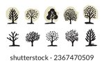 Quirky forest tree design collection vector organic style. Color blob woodland arbor for outdoor whimsical linocut set