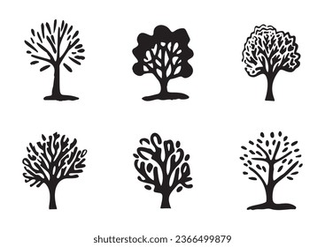 Quirky forest tree design collection vector organic style. Monochrome woodland arbor for outdoor whimsical linocut set. 