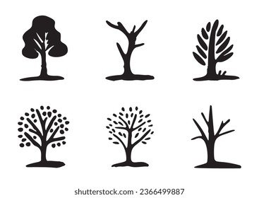 Extraña colección de diseño de árbol forestal estilo orgánico vectorial. Puerto monocromo de madera para juego de linocut al aire libre. 