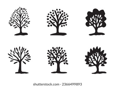 Quirky forest tree design collection vector organic style. Monochrome woodland arbor for outdoor whimsical linocut set. 