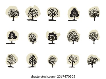 Quirky forest tree design collection vector organic style. Color blob woodland arbor for outdoor whimsical linocut set