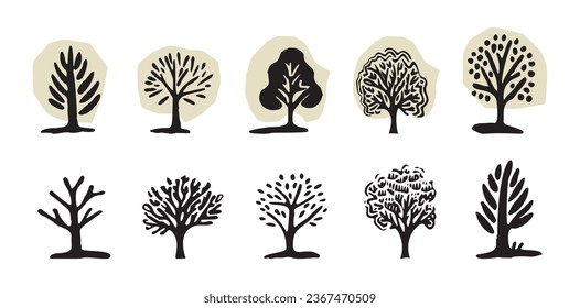 Quirky forest tree design collection vector organic style. Color blob woodland arbor for outdoor whimsical linocut set