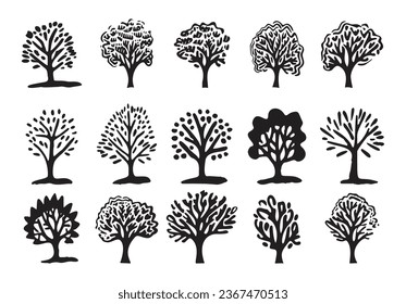 Quirky forest tree design collection vector organic style. Monochrome woodland arbor for outdoor whimsical linocut set. 
