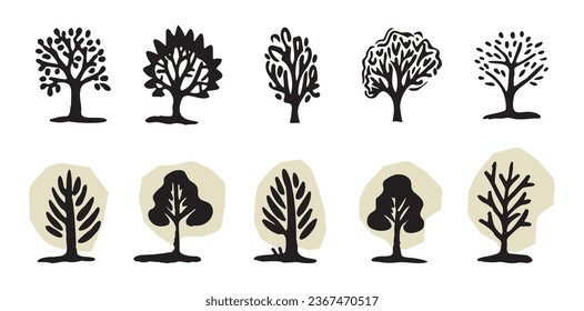 Quirky forest tree design collection vector organic style. Color blob woodland arbor for outdoor whimsical linocut set