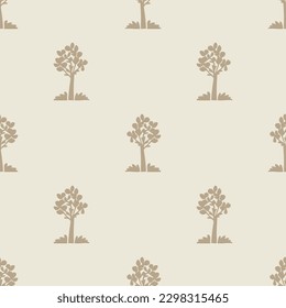 Quirky forest tree lino cut motif vector pattern. Seamless decoration of whimsical woodland botanical design for scandi background. 