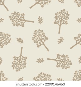 Quirky forest tree lino cut motif vector pattern. Seamless decoration of whimsical woodland botanical design for scandi background. 