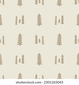 Quirky forest tree lino cut motif vector pattern. Seamless decoration of whimsical woodland botanical design for scandi background. 