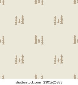 Quirky forest tree lino cut motif vector pattern. Seamless decoration of whimsical woodland botanical design for scandi background. 