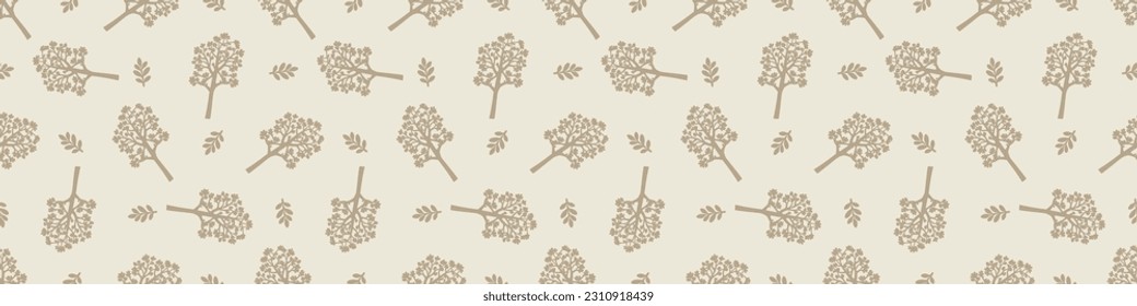 Quirky forest tree lino cut motif vector border. Seamless decoration of whimsical woodland botanical design for scandi ribbon. 