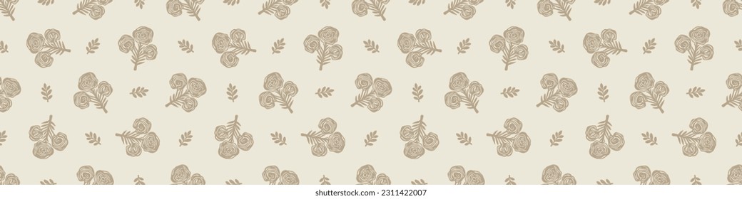 Quirky forest tree lino cut motif vector border. Seamless decoration of whimsical woodland botanical design for scandi ribbon. 