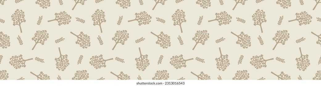 Quirky forest tree lino cut motif vector border. Seamless decoration of whimsical woodland botanical design for scandi ribbon. 