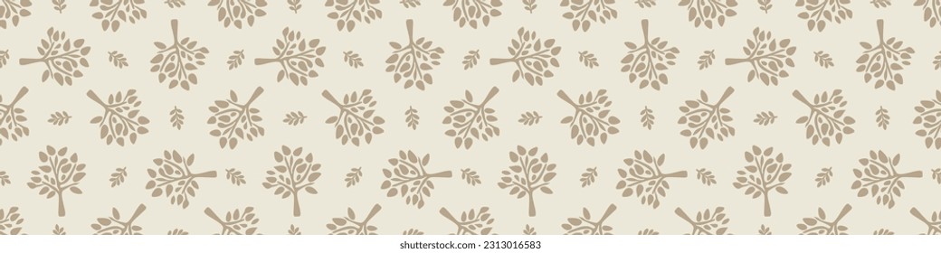Quirky forest tree lino cut motif vector border. Seamless decoration of whimsical woodland botanical design for scandi ribbon. 