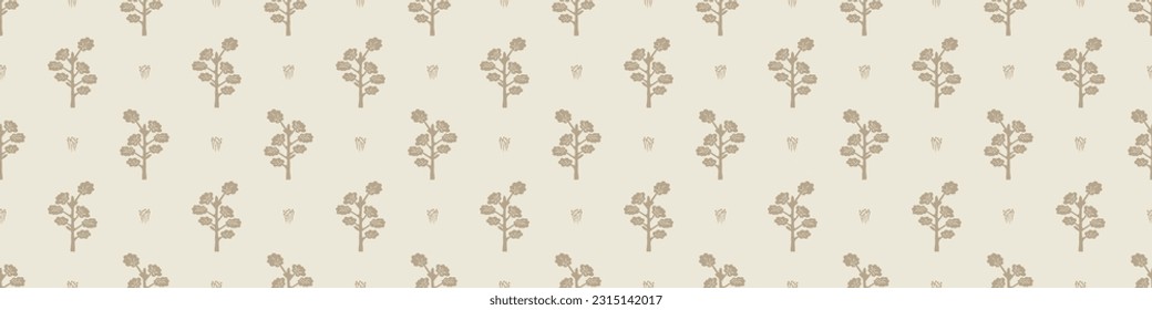 Quirky forest tree lino cut motif vector border. Seamless decoration of whimsical woodland botanical design for scandi ribbon. 