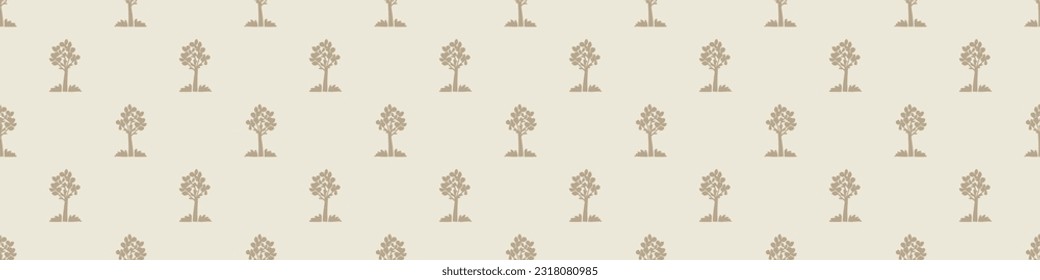 Quirky forest tree lino cut motif vector border. Seamless decoration of whimsical woodland botanical design for scandi ribbon. 