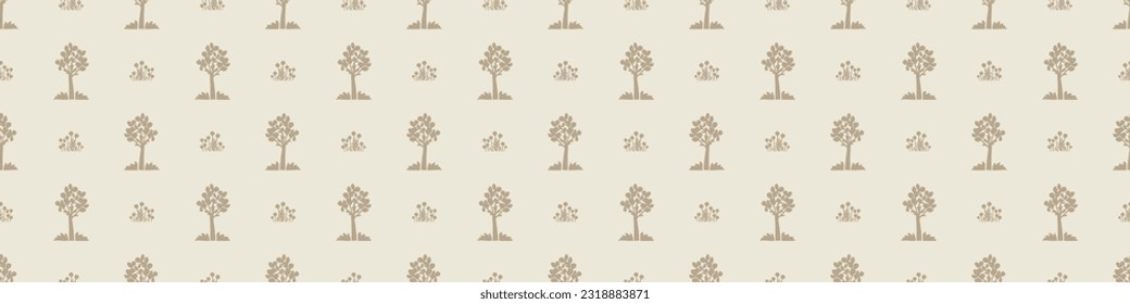 Quirky forest tree lino cut motif vector border. Seamless decoration of whimsical woodland botanical design for scandi ribbon. 