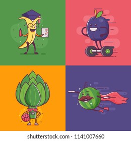 Quirky fruit and vegetable characters for vegan social networks and healthy lifestyle advertising. Flat vegetables and fruits on daily activities. Funny banana, plum, artichoke and super hero melon.
