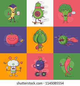 Quirky Fruit And Vegetable Characters For Vegan Social Networks And Healthy Lifestyle Advertising. Funny Flat Vegetables And Fruits On City Daily Activities. On Shopping, Chatting, Cook And Studying.