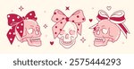 Quirky and fun skulls adorned with polka dot bows in blush pink hues. Edgy coquette aesthetics combine romantic pastel tones with bold graphic elements. Flirty creepy stickers or feminine prints