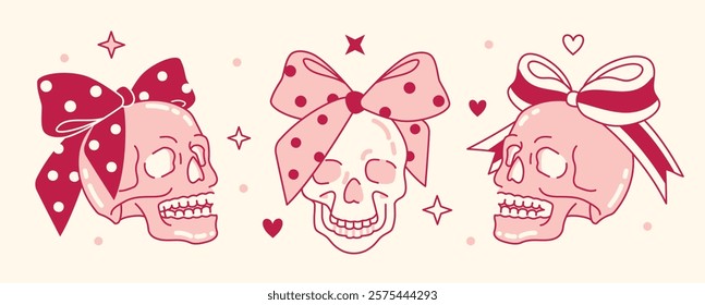 Quirky and fun skulls adorned with polka dot bows in blush pink hues. Edgy coquette aesthetics combine romantic pastel tones with bold graphic elements. Flirty creepy stickers or feminine prints