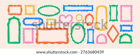 Quirky funky crayon hand drawn doodle frames set. Kid photo, picture, mirror pencil cute border. Irregular circle, round, oval, rectangle, square, heart shape text box, chalk block for children design