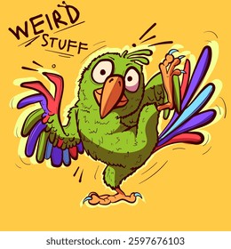 Quirky and funny cartoon parrot with colorful wings holding up a foot. Weird and crazy tropical bird being silly.