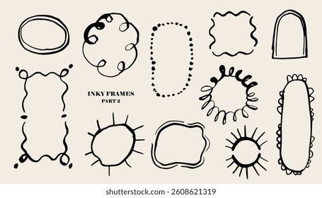 Quirky funny doodle frame set. Hand Drawn Ink Stroke Scribbles. Squiggly, Wavy, Round Borders for Invitation, birthday card. Minimalist vector line art for poster, social media, banners, collages