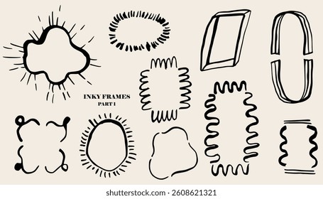 Quirky funny doodle frame set. Hand Drawn Ink Stroke Scribbles. Squiggly, Wavy, Round Borders for Invitation, birthday card. Minimalist vector line art for poster, social media, banners, collages