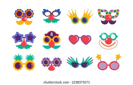 Quirky, funny and Groucho nose glasses. Carnival, Purim, festival masks, costumes parts. Colorful vector elements 