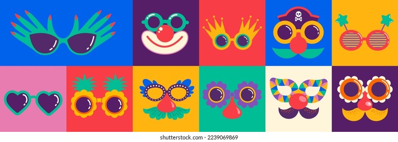 Quirky, funny and Groucho nose glasses. Carnival, Purim, festival masks, costumes parts. Colorful vector elements  - Shutterstock ID 2239069869